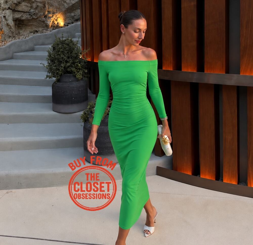 Zara NWT Emerald Green Off Shoulder Slit Midi Dress M